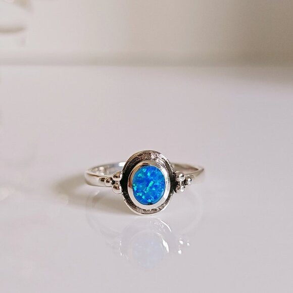 Sterling Silver Blue Opal Ring, Beaded Lab Opal Ring, Bali Opal Ring, Beaded - Picture 1 of 6